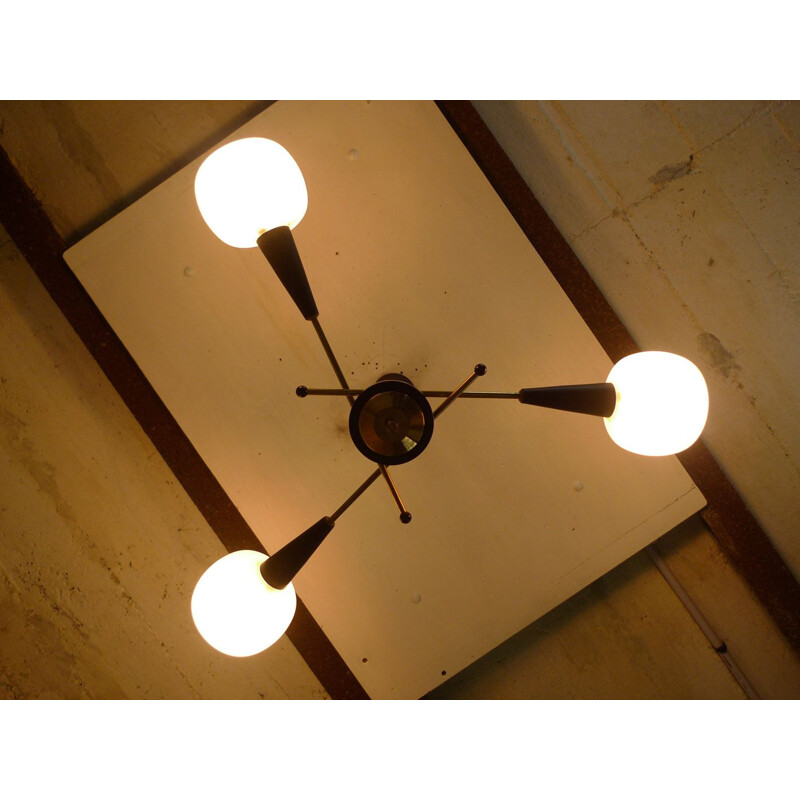 Vintage chandelier in brass, lacquered metal and glass, 1950s