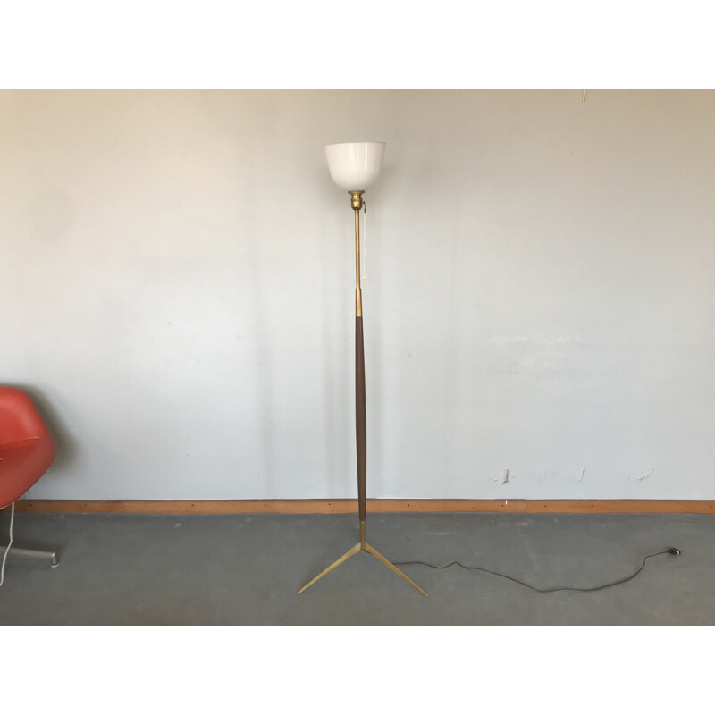 Vintage tripod floor lamp in teak and brass, 1960s