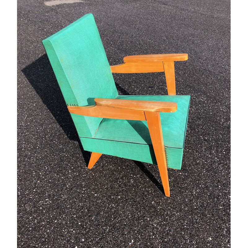 Vintage armchair in skai and oak with compass feet, 1950s