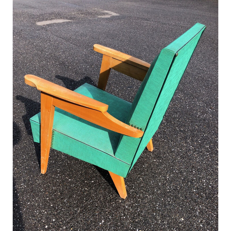 Vintage armchair in skai and oak with compass feet, 1950s