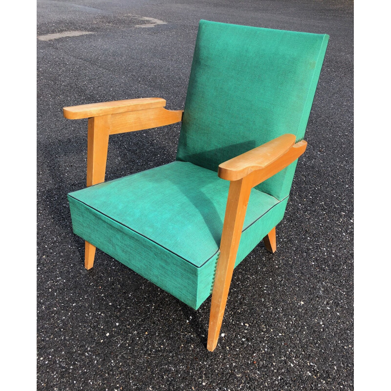 Vintage armchair in skai and oak with compass feet, 1950s