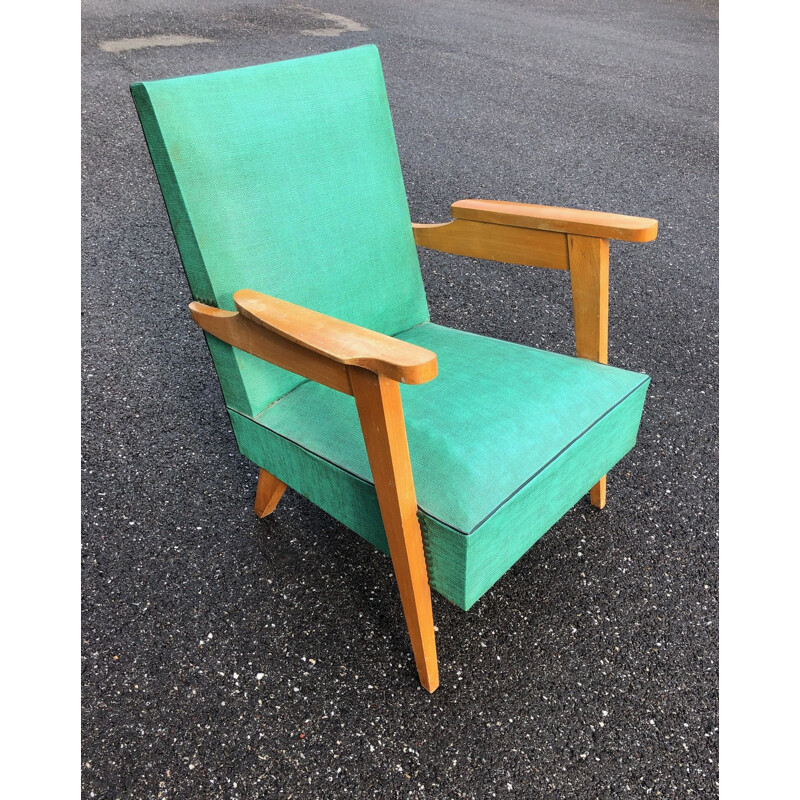 Vintage armchair in skai and oak with compass feet, 1950s