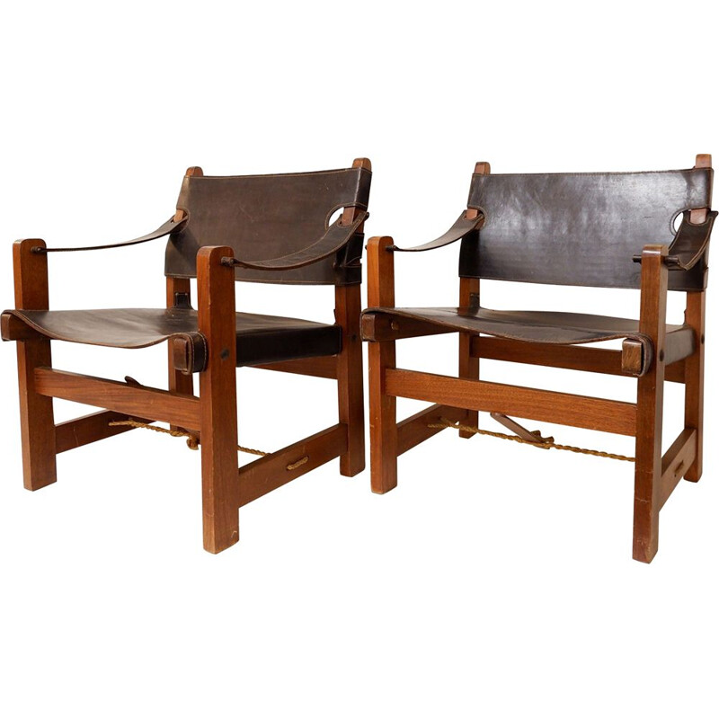 Set of 2 vintage armchairs in wood and brown leather, 1970s