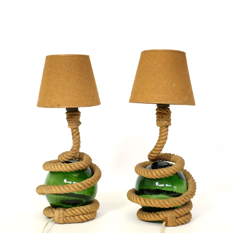 Set of 2 vintage lamps in rope and glass, 1940-50s