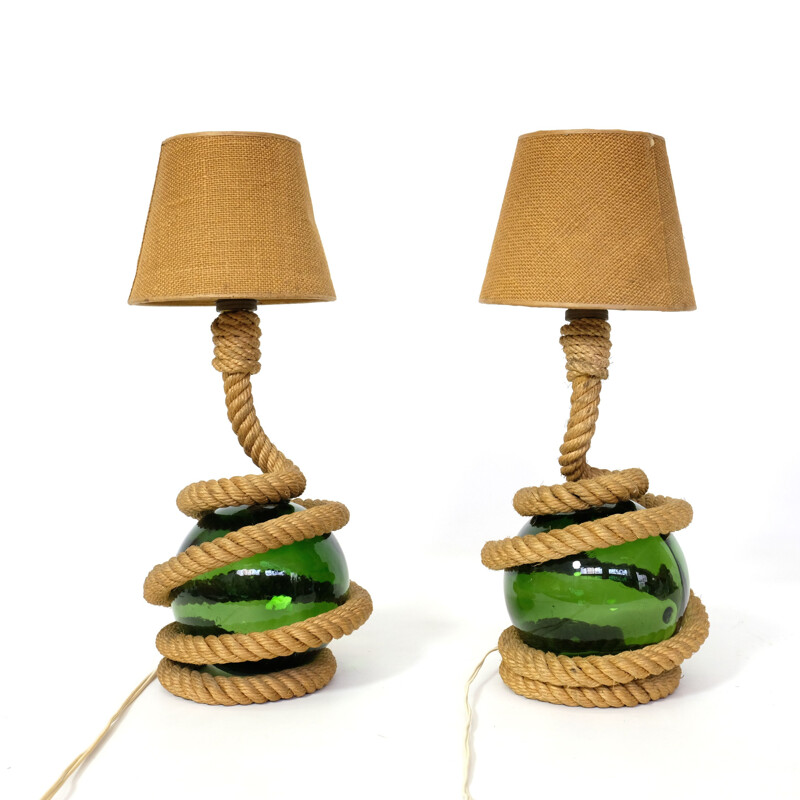 Set of 2 vintage lamps in rope and glass, 1940-50s