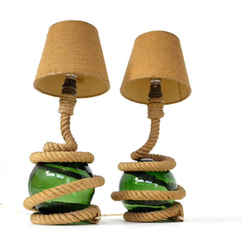 Set of 2 vintage lamps in rope and glass, 1940-50s