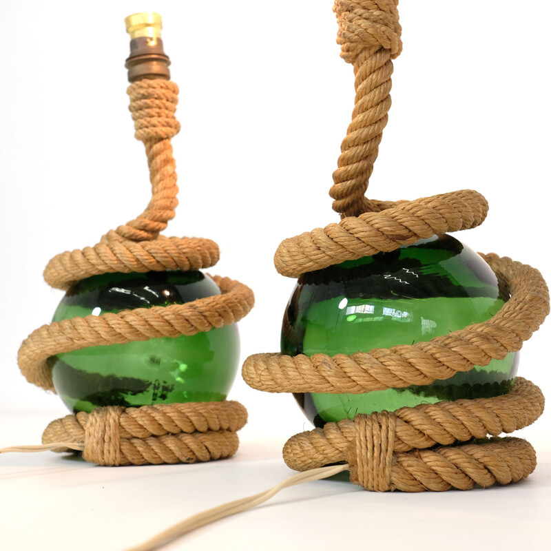 Ensemble de 2 lampes vintage en corde et verre, 1940-50