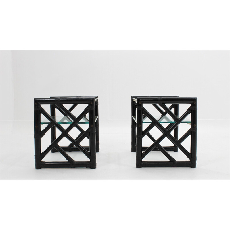 Vintage Pair of lacquered rattan and glass nighstands 1970s