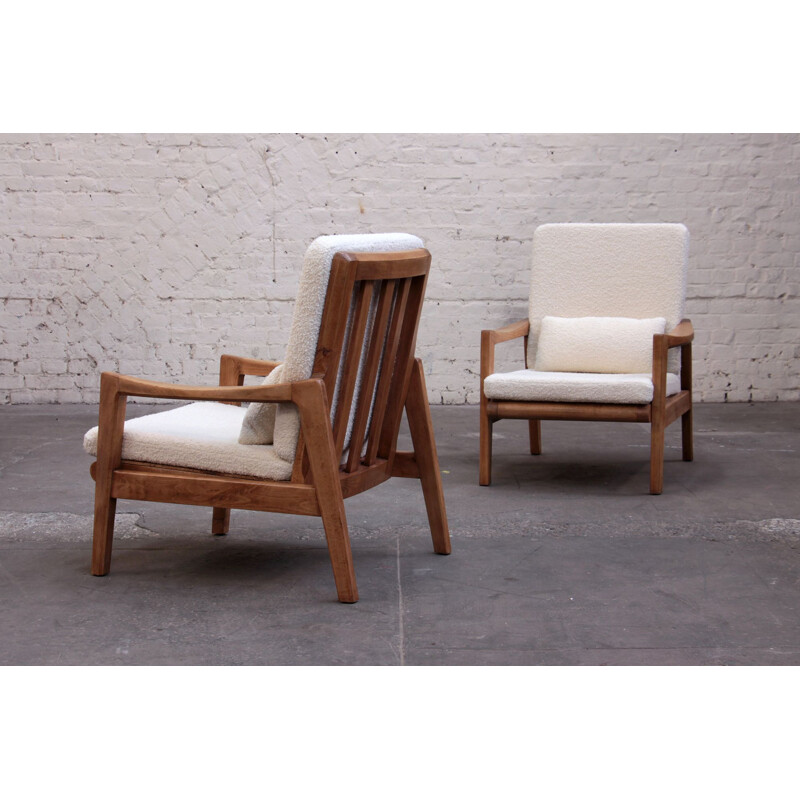 Pair of wooden armchairs and bucklefabric, 1950