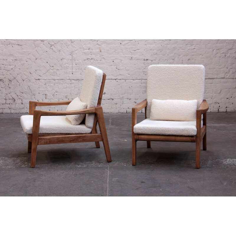Pair of wooden armchairs and bucklefabric, 1950