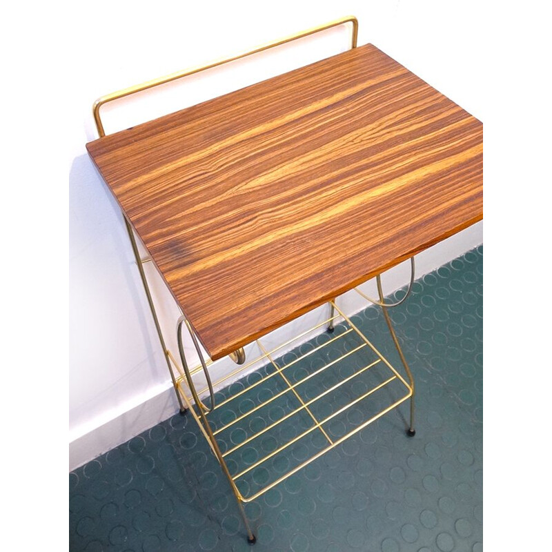 Table d'appoint vintage en acier laitonné et bois, 1960