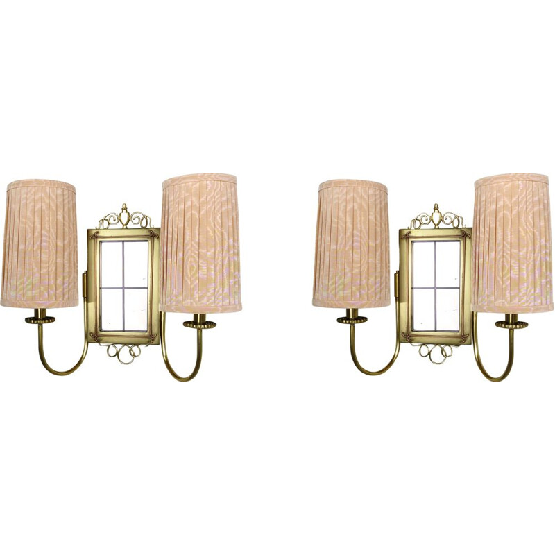 Pair of Brass Wall Lights with Fabric Shades, 1930s