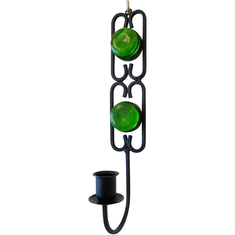 Vintage candlestick in green glass and black lacquered metal by Erik Hoglund for Boda, Sweden 1960