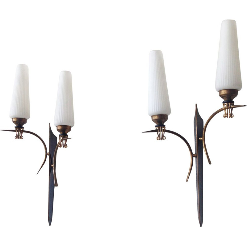 Pair of Arlus brass and glass wall lamps, 1950s
