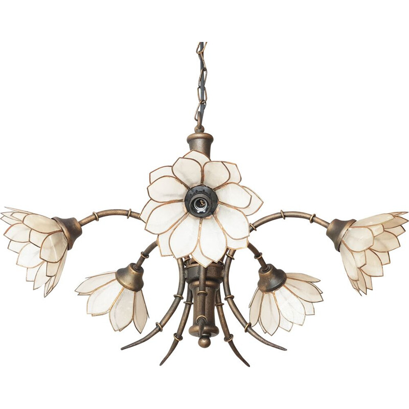 Vintage chandelier in mother-of-pearl and metal, France, 1970