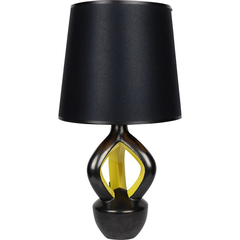 Vintage black and yellow ceramic lamp, Vallauris, 1950s