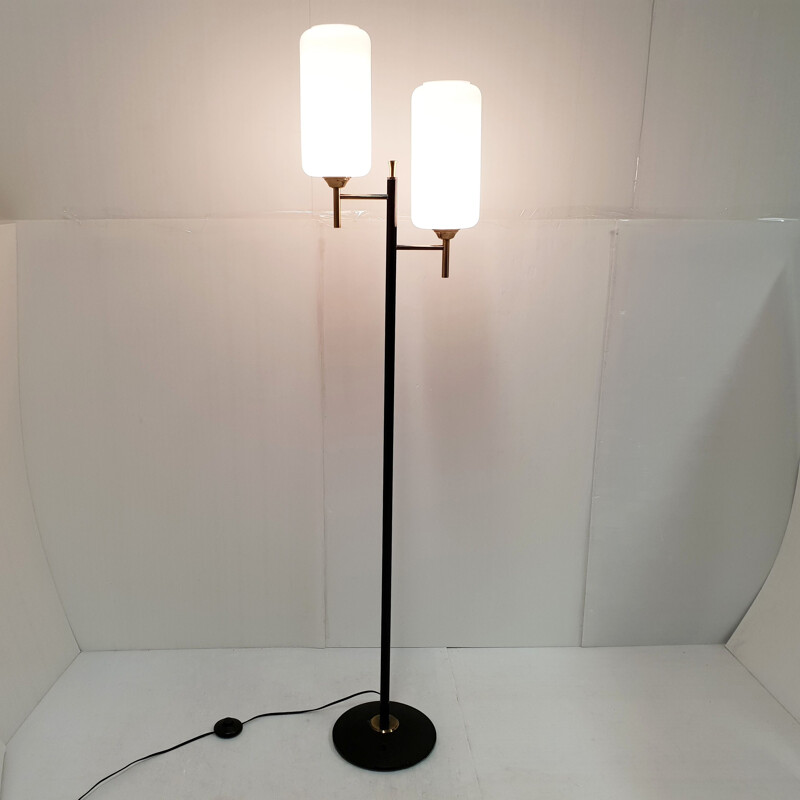 Lampadaire vintage en verre, acier et laiton 1950