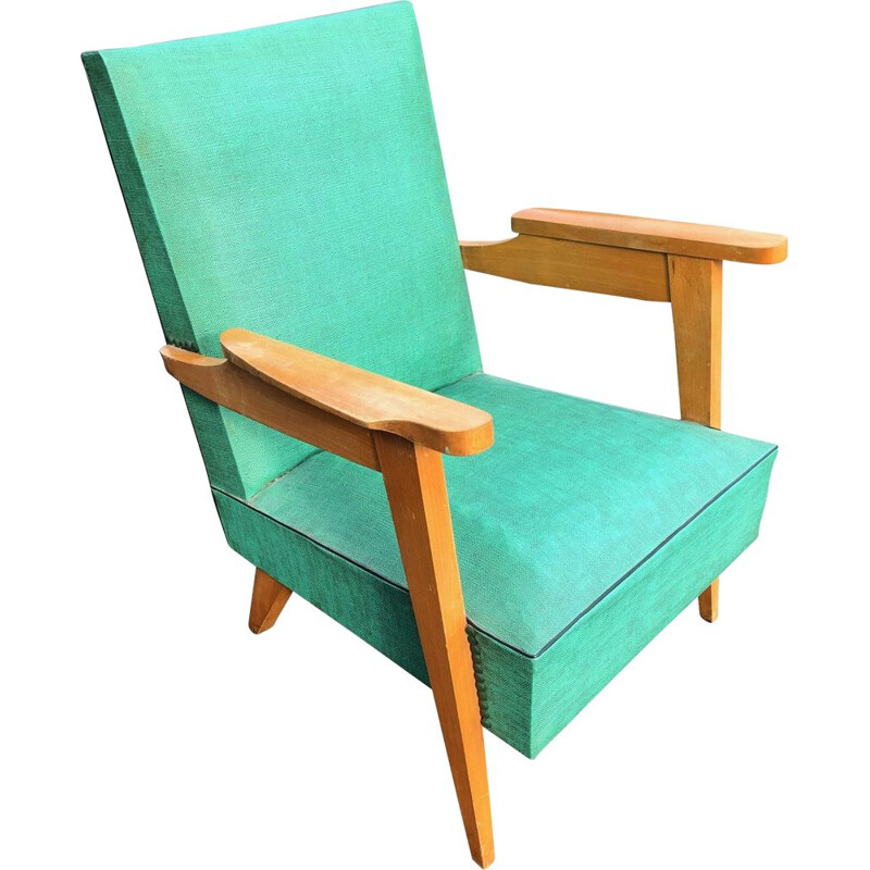 Vintage armchair in skai and oak with compass feet, 1950s