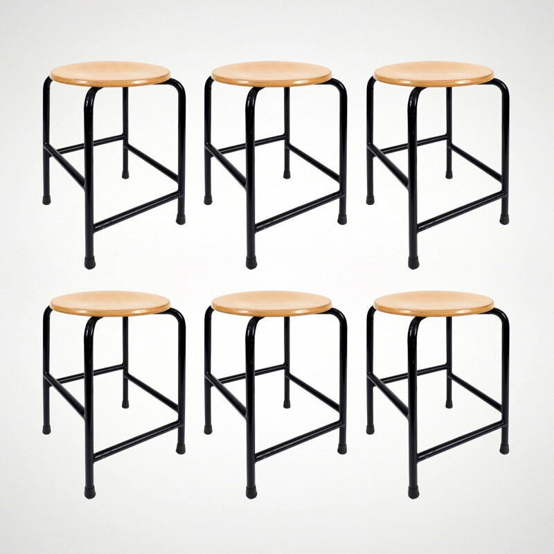 Set of 6 vintage wood and iron school stools, 1980s