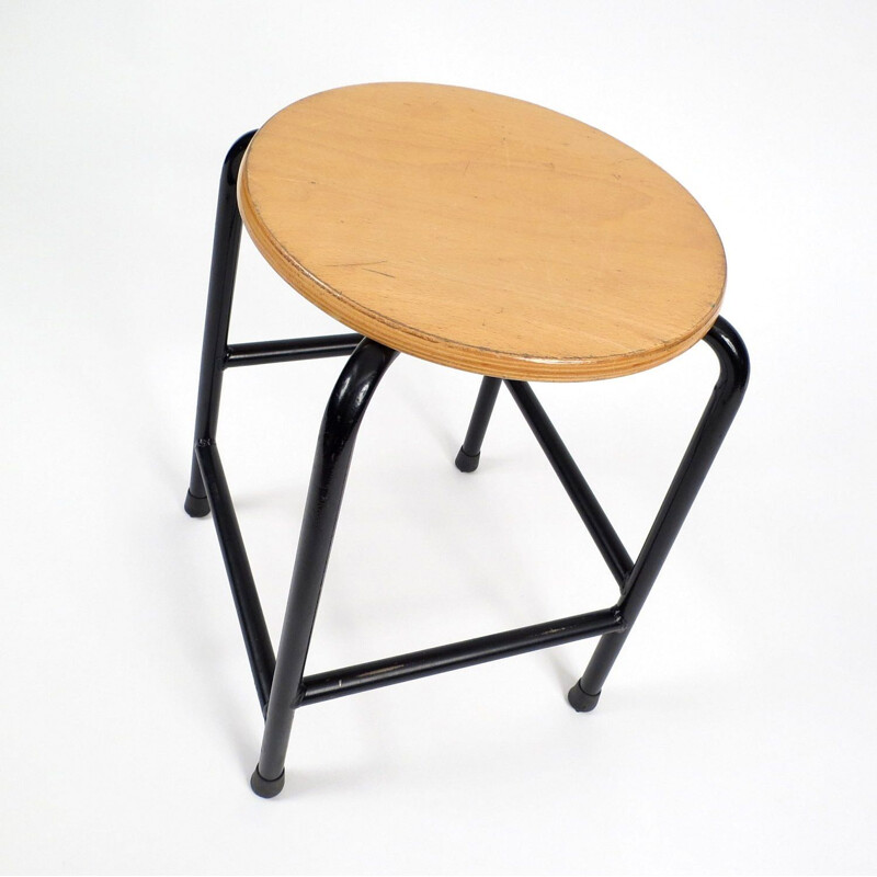 Set of 6 vintage wood and iron school stools, 1980s