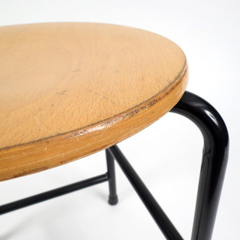 Set of 6 vintage wood and iron school stools, 1980s