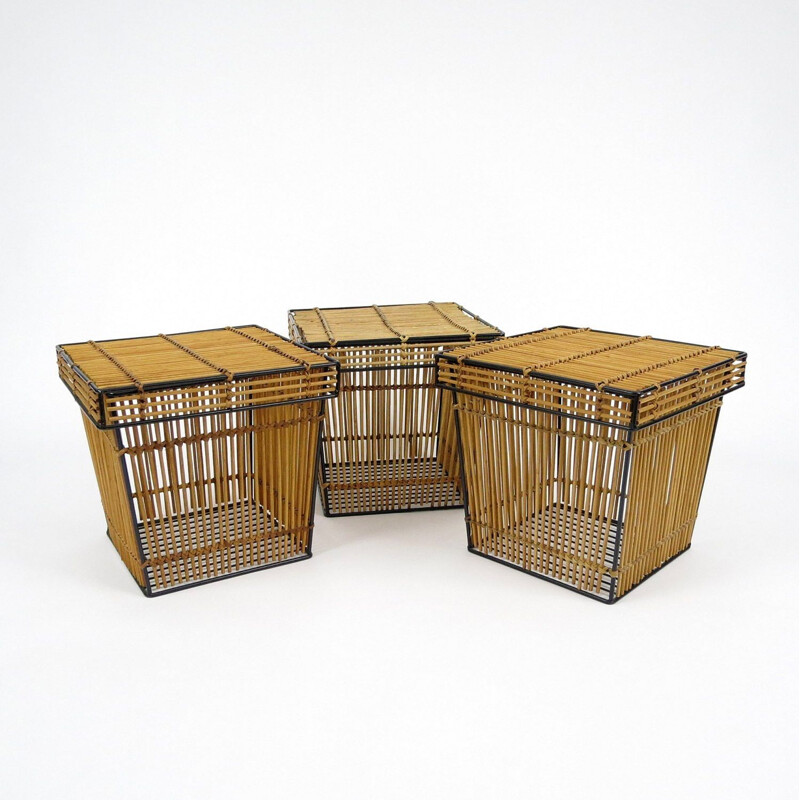 Set of 3 vintage dutch rattan and iron boxes from Rohe Noordwolde, 1960s