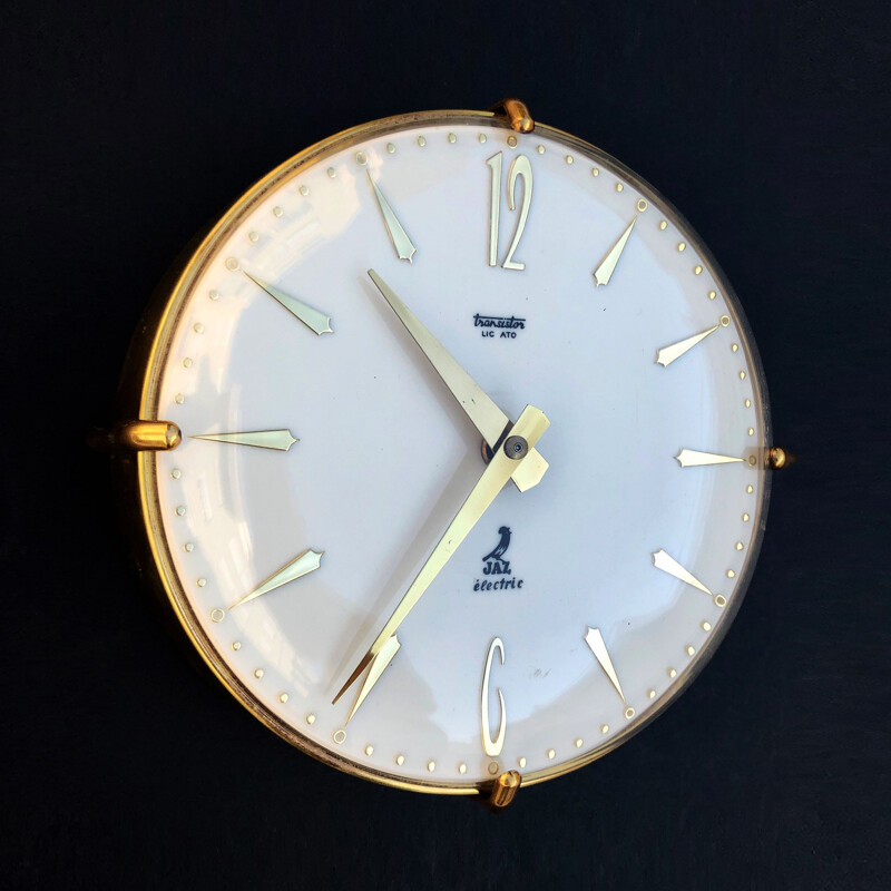 Vintage brass and glass wall clock, Switzerland, 1950