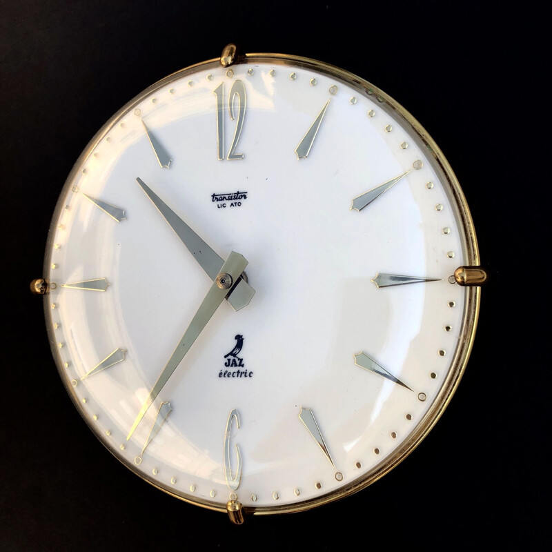 Vintage brass and glass wall clock, Switzerland, 1950