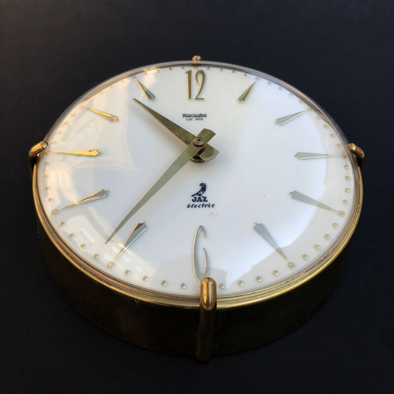 Vintage brass and glass wall clock, Switzerland, 1950