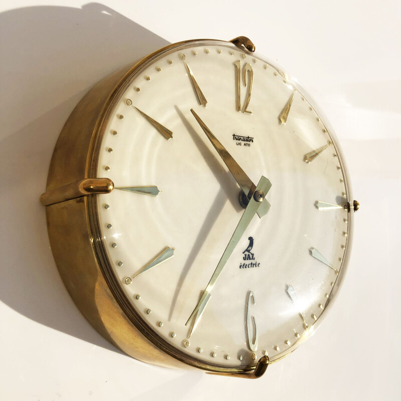 Vintage brass and glass wall clock, Switzerland, 1950