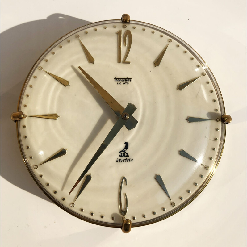Vintage brass and glass wall clock, Switzerland, 1950