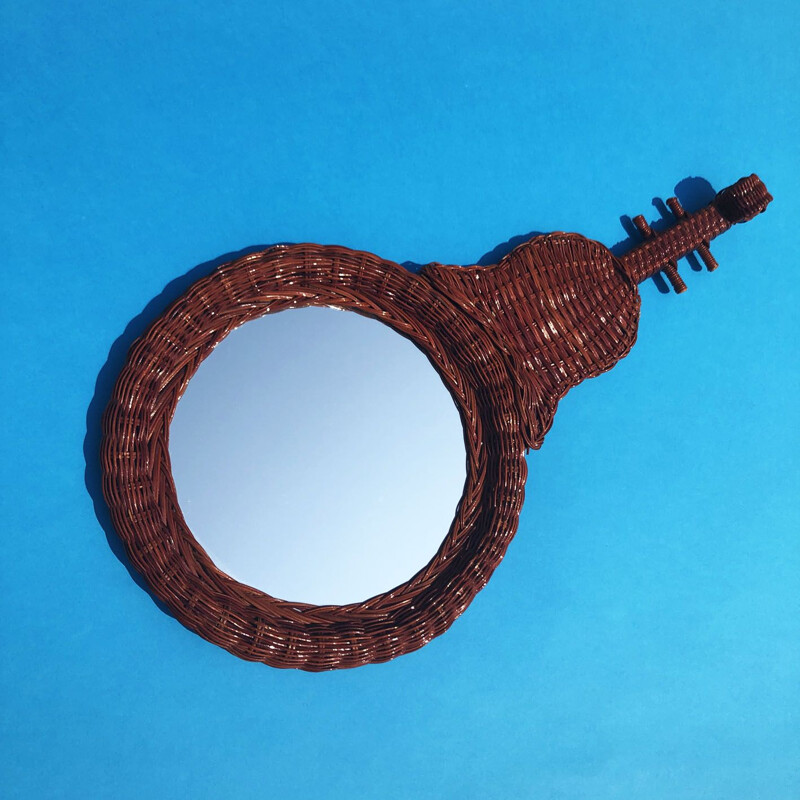 Vintage rattan mirror in the shape of a Spanish guitar, France, 1950