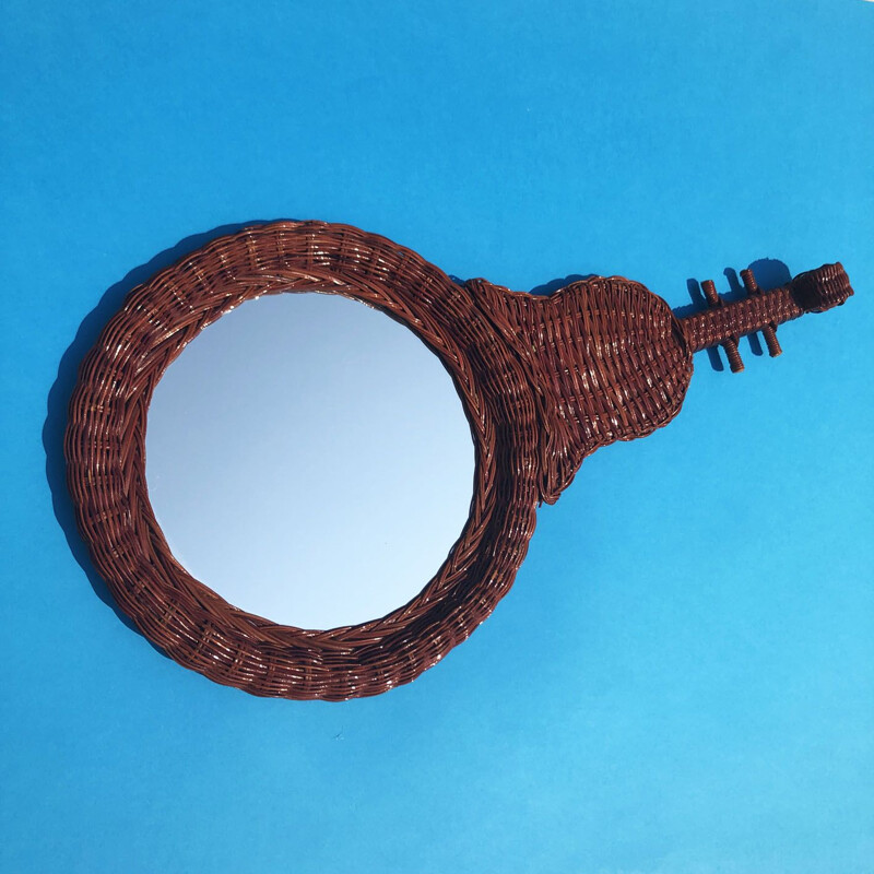 Vintage rattan mirror in the shape of a Spanish guitar, France, 1950