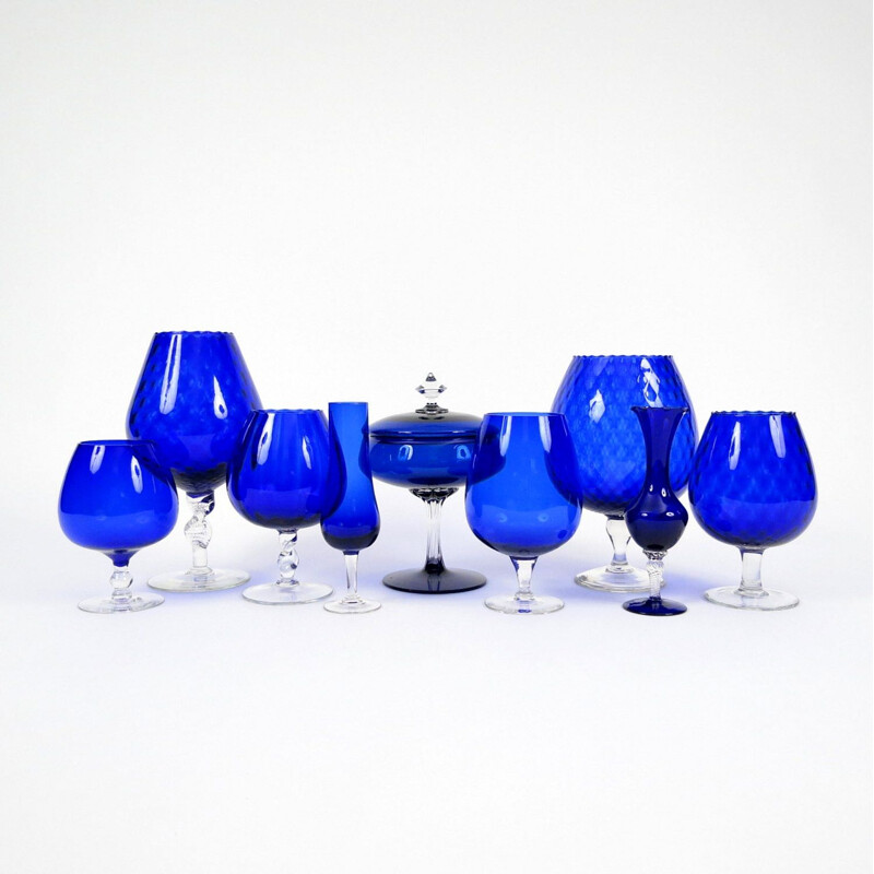 Ensemble de 9 pièces vintage en verre bleu cobalt 