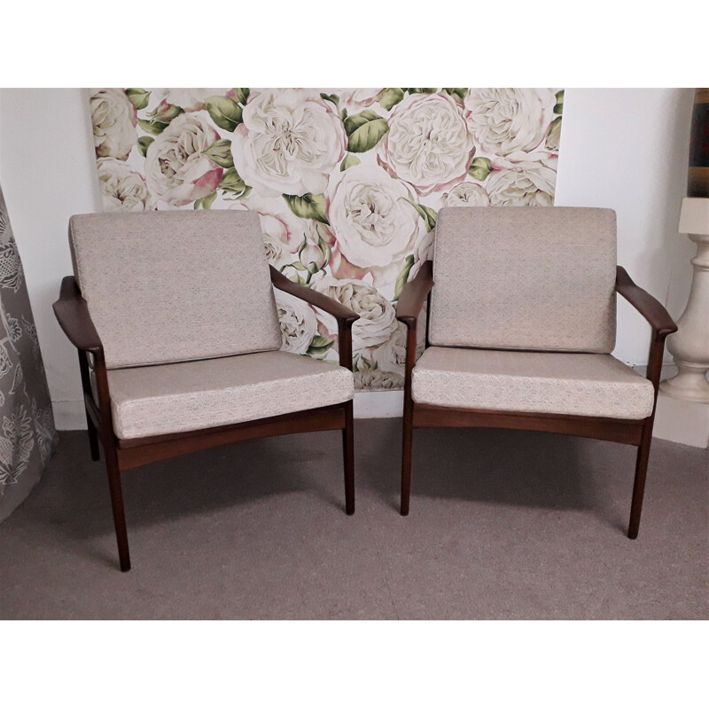 Pair of vintage scandinavian armchairs in solid teak, 1960