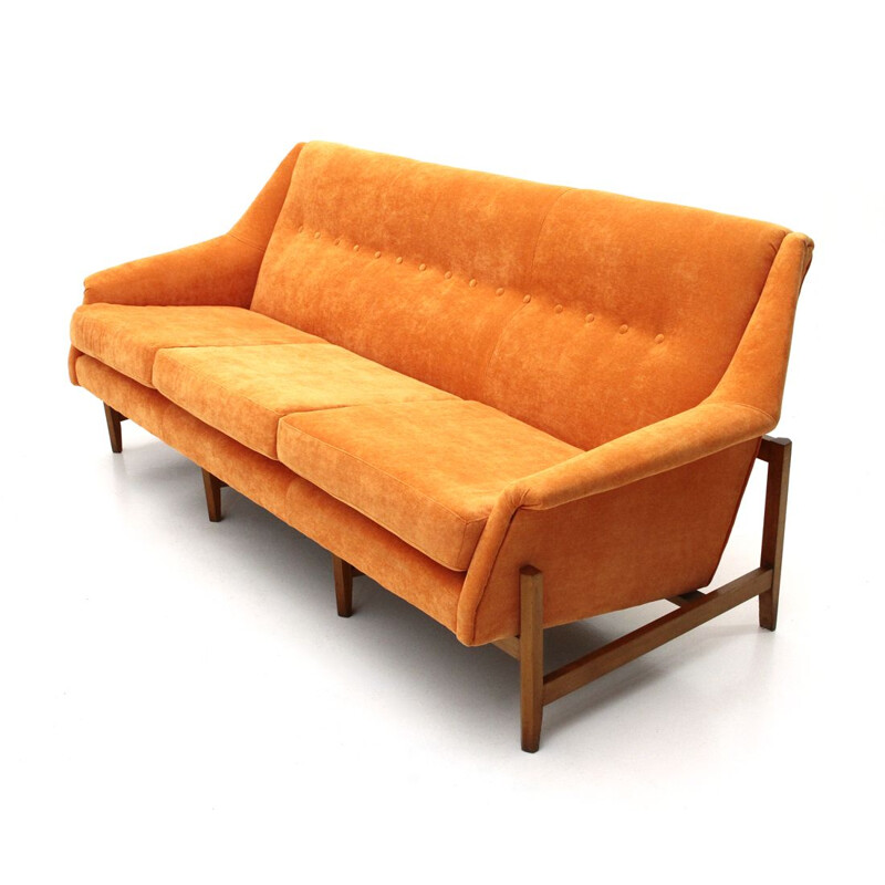 Vintage orange velvet 3-seater Italian sofa, 1960