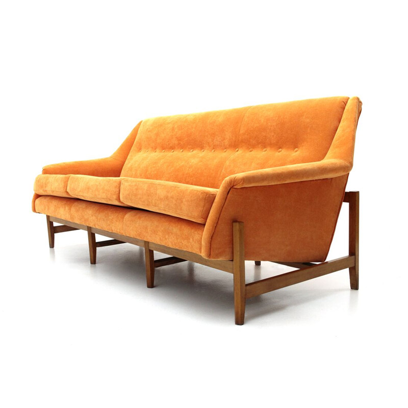 Vintage orange velvet 3-seater Italian sofa, 1960