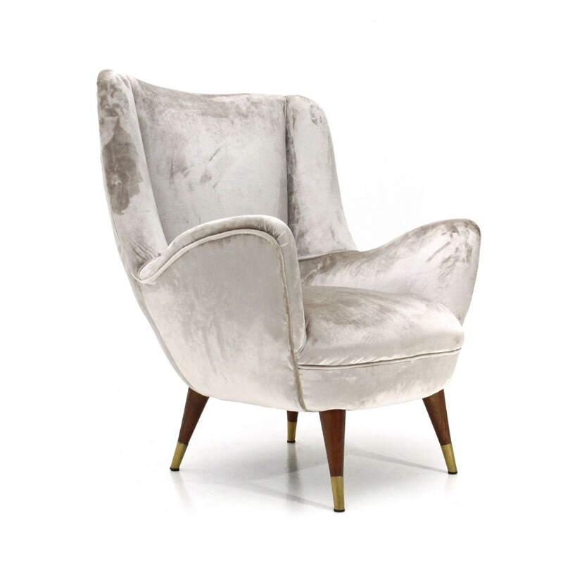 Fauteuil vintage italien en velours argenté , 1950