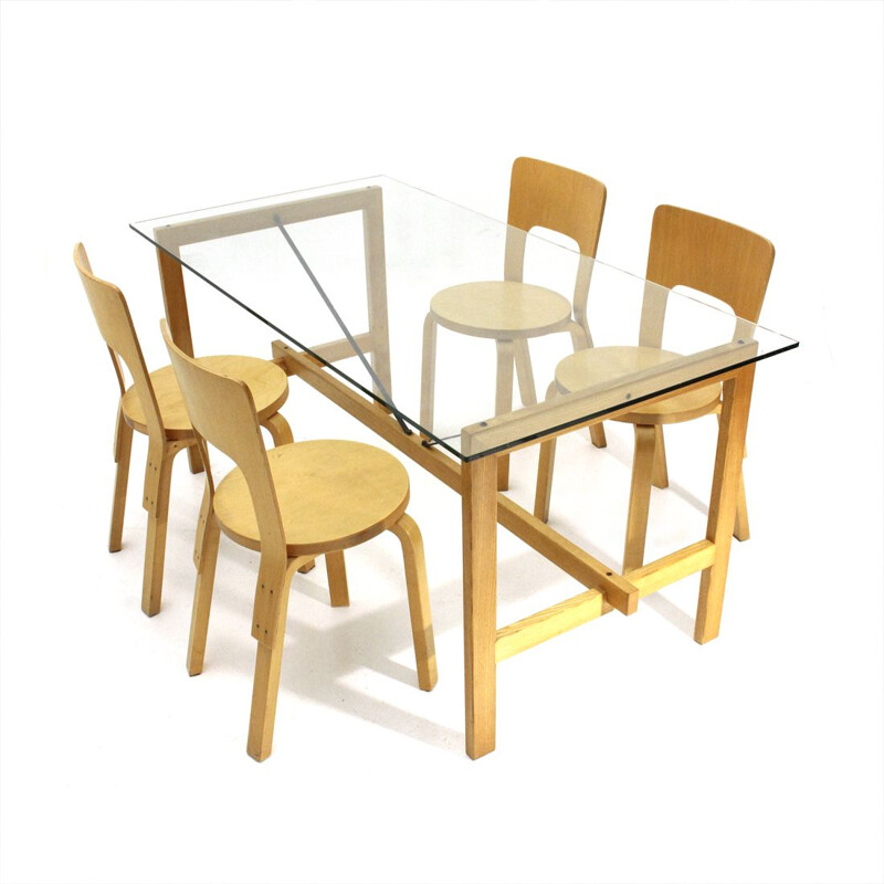 Set of 4 vintage dining chairs "chair 66" in birch wood by Alvar Aalto for Artek , 1970s