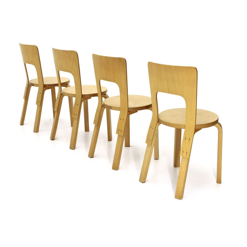 Set of 4 vintage dining chairs "chair 66" in birch wood by Alvar Aalto for Artek , 1970s