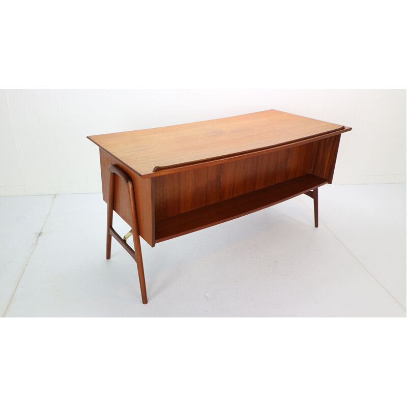 Vintage teak and brass table desk by Louis Van Teeffelen for Wébé, 1959