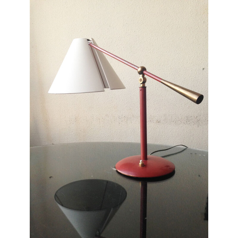 Vintage red and brass lacquered metal desk lamp, Italy, 1950 