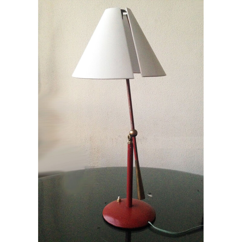 Lampe de bureau vintage en métal laqué rouge et laiton, Italie, 1950 