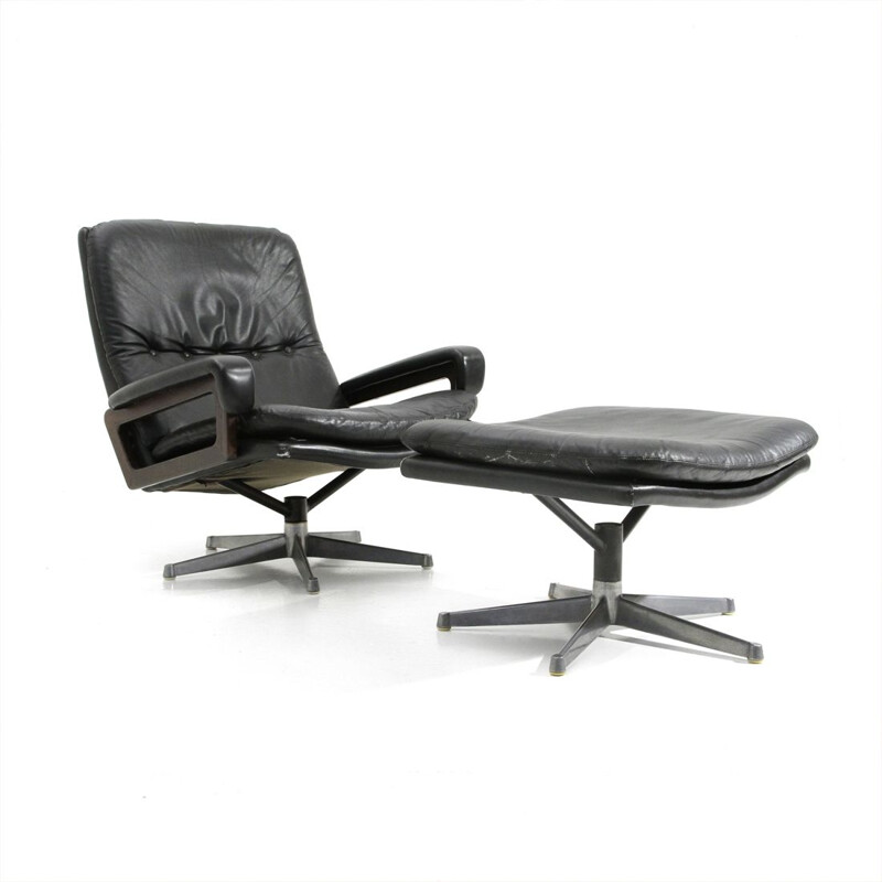 Vintage "King" armchair with ottoman in black leather by André Vandenbeuck for Strässle, 1960s