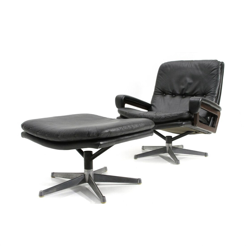 Vintage "King" armchair with ottoman in black leather by André Vandenbeuck for Strässle, 1960s