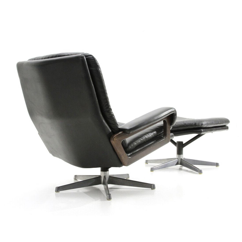 Vintage "King" armchair with ottoman in black leather by André Vandenbeuck for Strässle, 1960s