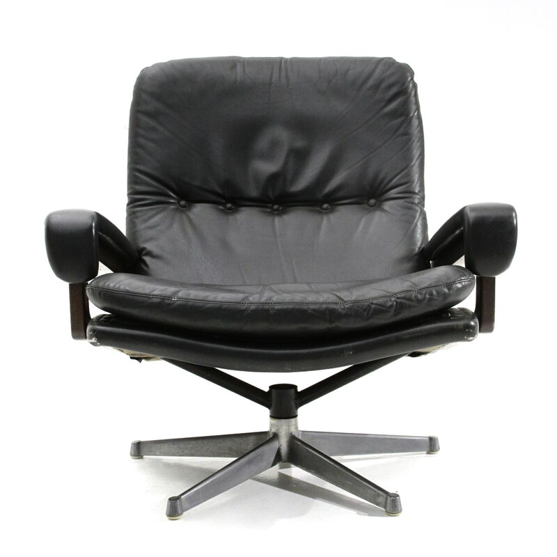 Vintage "King" armchair with ottoman in black leather by André Vandenbeuck for Strässle, 1960s