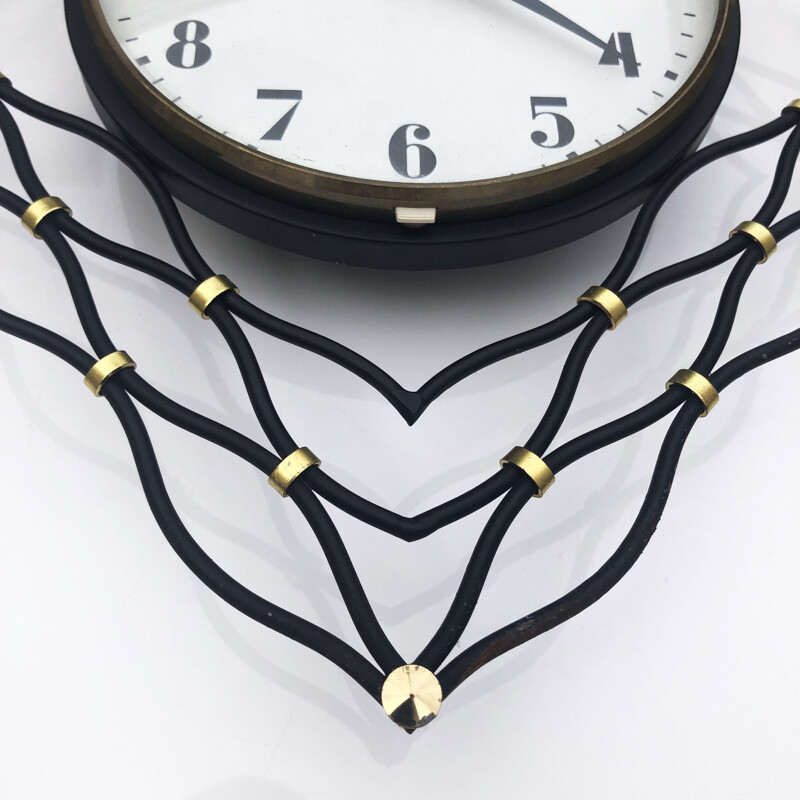 Vintage wall clock in lacquered iron, glass and brass, France, 1960