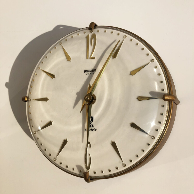 Vintage wall clock in gold metal and Swiss glass 1950