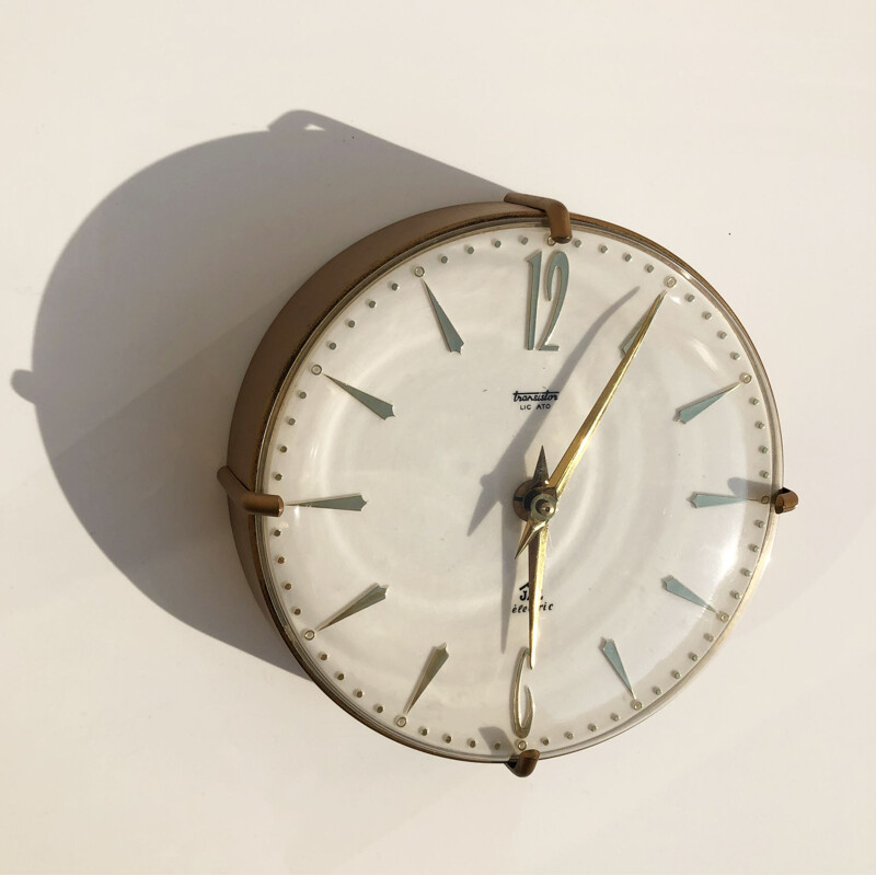 Vintage wall clock in gold metal and Swiss glass 1950